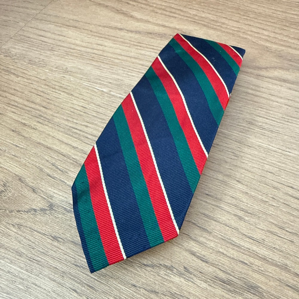 Polo Ralph Lauren Mens Silk Tie Navy Blue Green Red Striped Regimental Hand Made